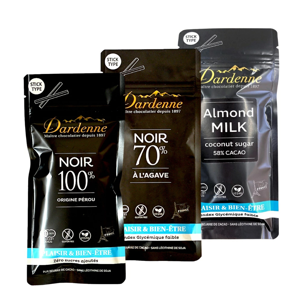 ダーデン 有機チョコレート スティック カカオ 100% [48g]、カカオ 70％ [62g]、有機ココシュガーチョコレート アーモンドミルク スティック カカオ 58％ [48g] 乳化剤不使用 有機JAS認証 ダークチョコ アルマテラ