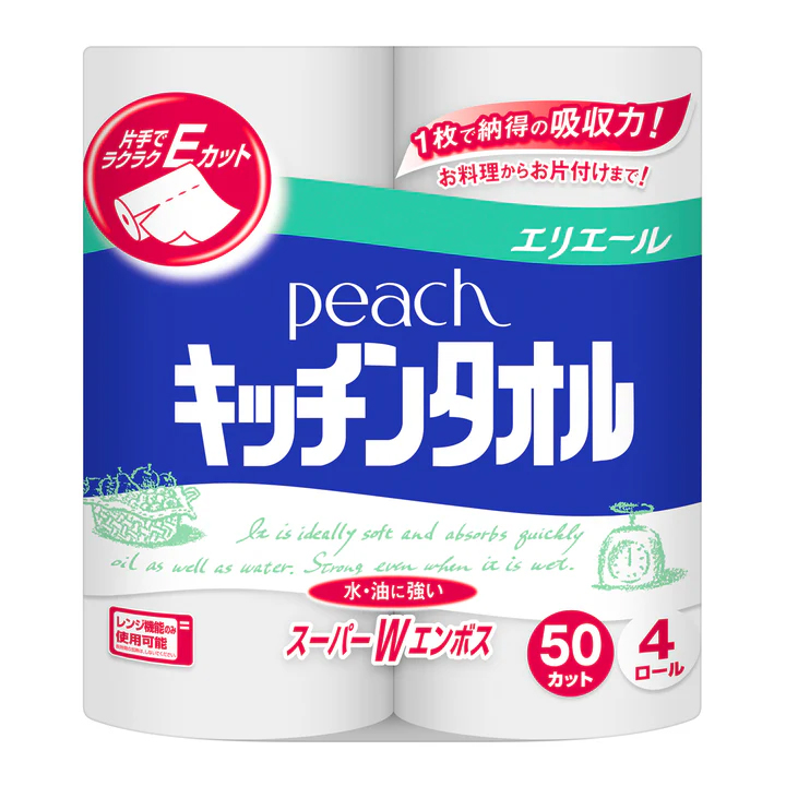 キッチンペーパー ピーチ キッチンタオル 50カット × 4ロール パルプ100% エリエール